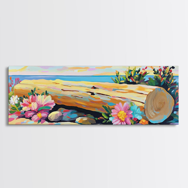 Beach Hat And Flowers On Sandy Shore Canvas Print, Coastal Wall Art, Beach House Decor, Summer Seascape, Nautical Gift Art