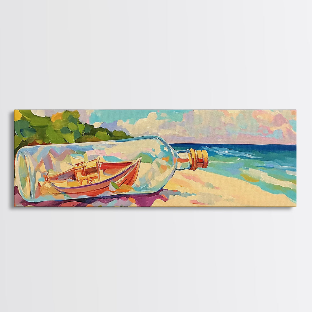 Boat In A Bottle On Sunny Beach Wall Art, Coastal Canvas Print, Ocean Wall Decor, Nautical Decor, Beach House Decor, Seascape Art
