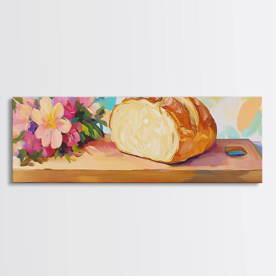 Crusty Bread Loaf And Flowers Canvas Print, Cozy Kitchen Wall Art, Bakery Decor, Food Still Life Art Print, Housewarming Gift