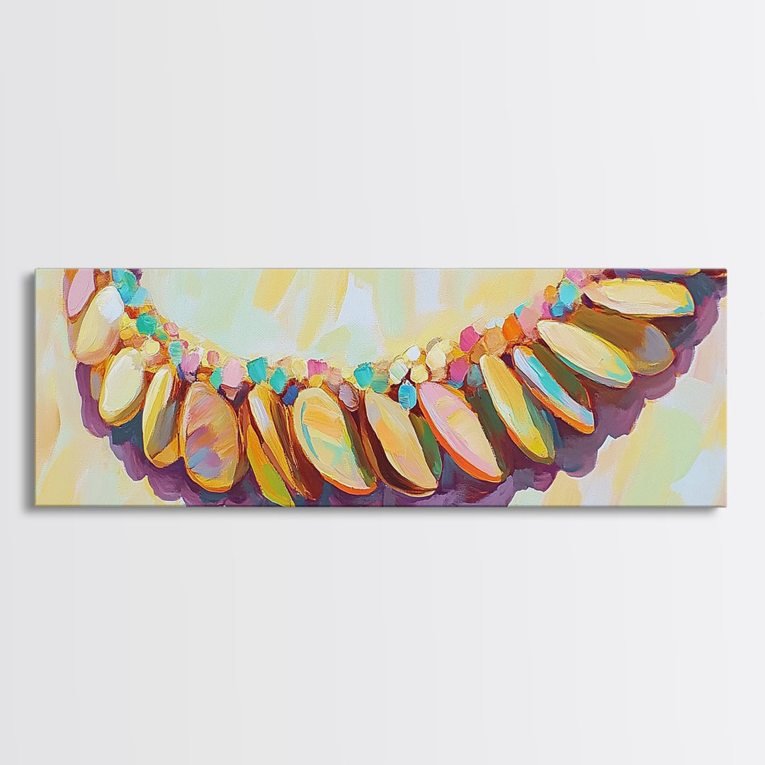 Pastel Seashell Necklace Wall Art, Coastal Beach House Decor Canvas Print, Ocean Wall Decor, Feminine Boho Art Print For Bedroom