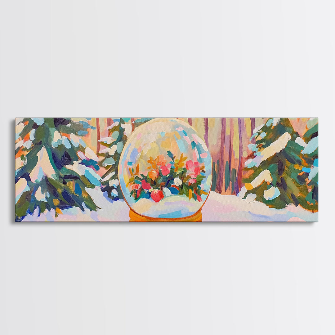 Winter Forest Snow Globe With Flowers Framed Canvas Print, Cozy Christmas Wall Art For Cabin Decor And Seasonal Home Decor