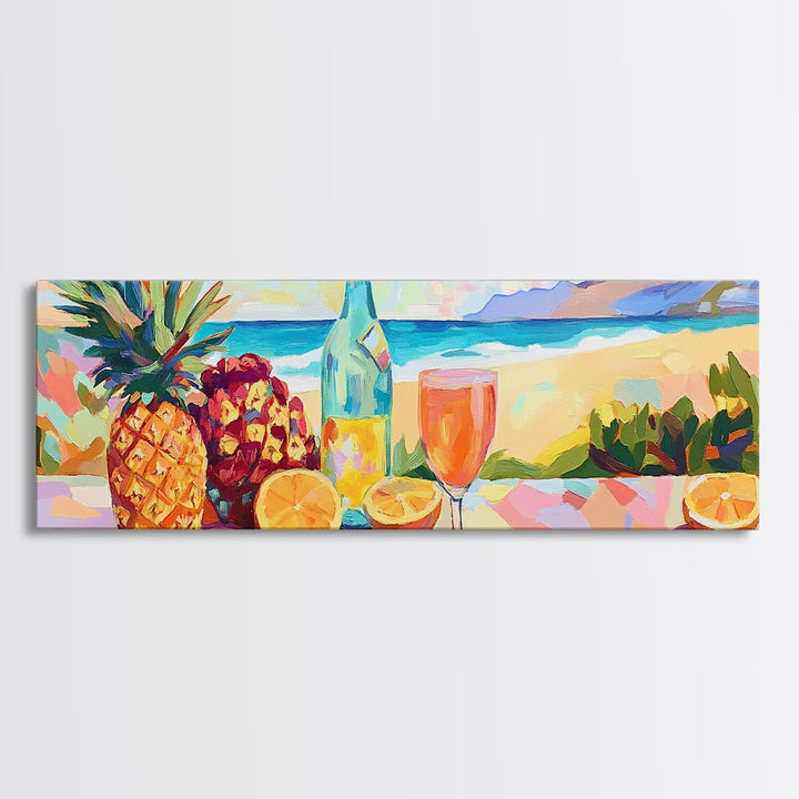 Vibrant Pineapple Citrus Beach Still Life Canvas Print, Tropical Kitchen Wall Art, Coastal Decor, Summer Bar Art Gift For Home Decor