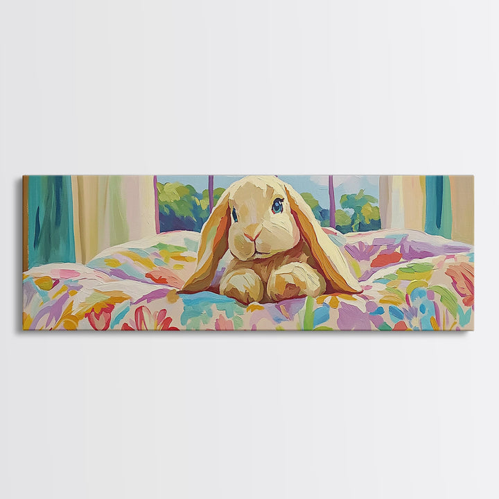 Sweet Bunny On Floral Bed Framed Canvas Print, Nursery Wall Art, Whimsical Kids Room Decor, Cute Animal Baby Shower Gift For Her