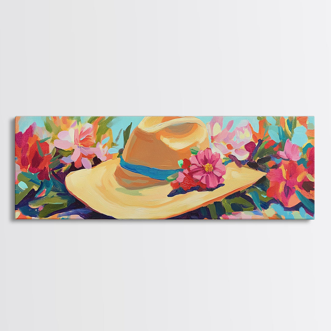 Straw Sun Hat With Tropical Flowers Canvas Print, Beach Wall Art, Coastal Cowgirl Decor, Summer Fashion Gift For Her Home Decor