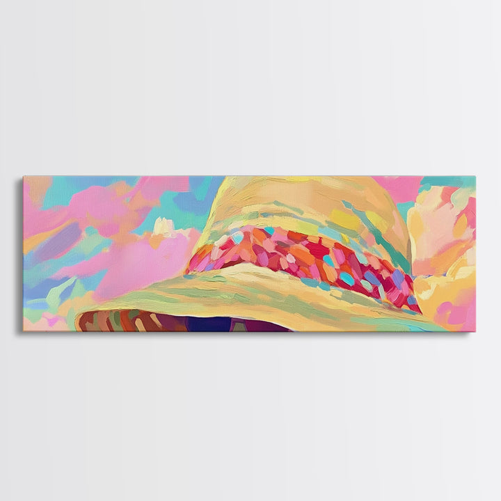 Wide Brim Beach Hat And Sunglasses Canvas Print, Coastal Wall Art, Summer Fashion Decor, Pink Preppy Bedroom Gift For Her
