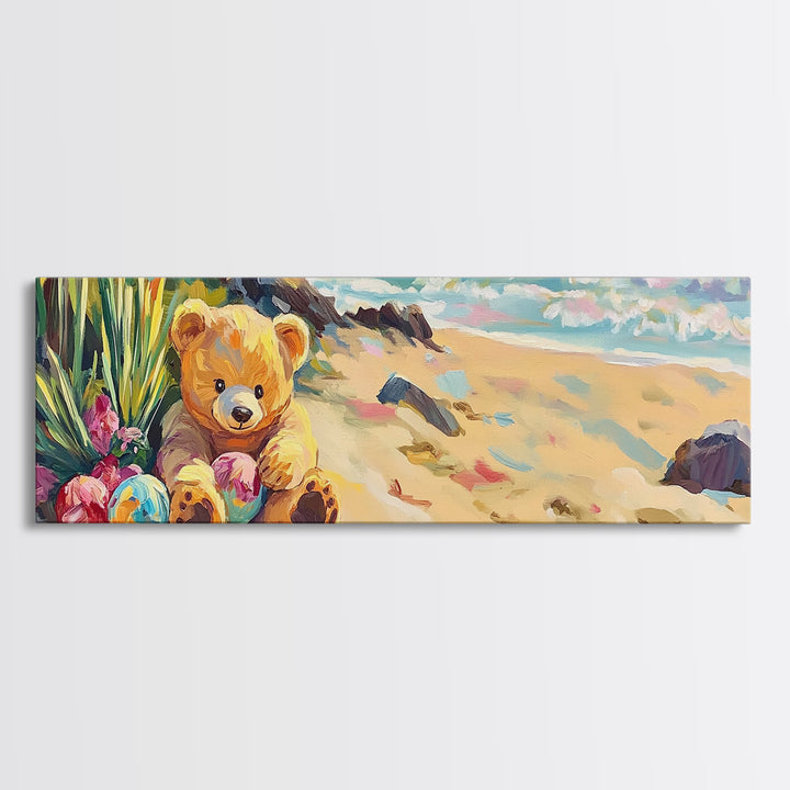 Teddy Bear On Sunny Beach Canvas Print, Coastal Nursery Wall Art, Kids Room Decor, Beach House Decor, Whimsical Baby Gift