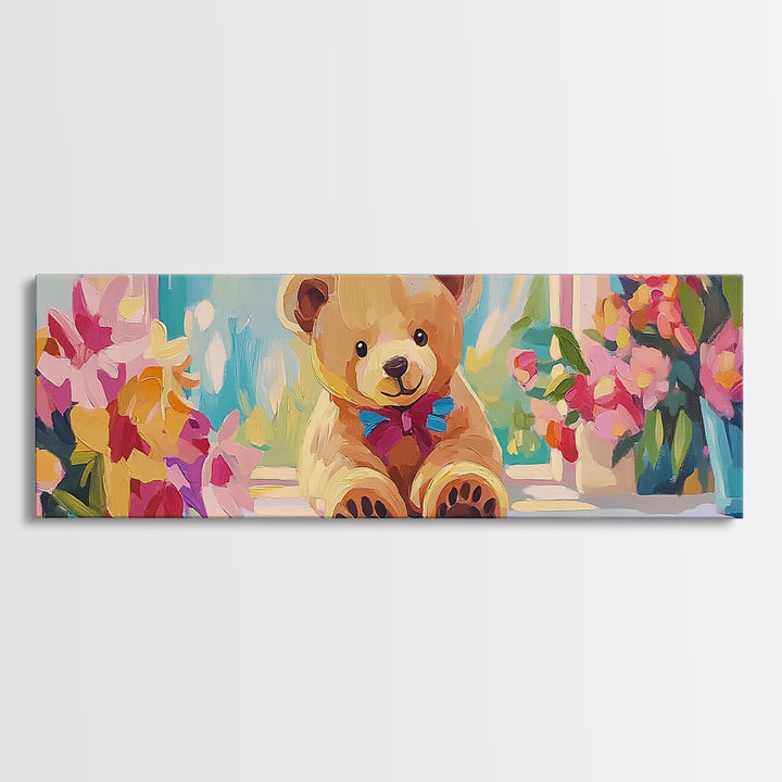 Sweet Teddy Bear By Flower Window Framed Canvas Print, Nursery Wall Art, Kids Room Decor, Whimsical Baby Girl Nursery Gift