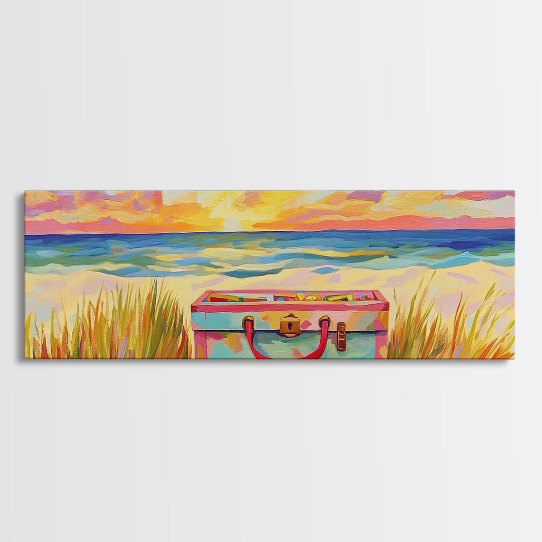 Beach Suitcase At Sunset Canvas Print, Coastal Wall Art, Ocean Wall Decor, Travel Poster, Beach House Decor Gift For Her