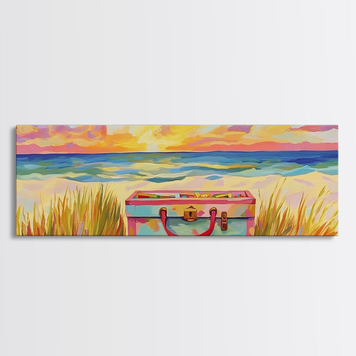 Beach Suitcase At Sunset Canvas Print, Coastal Wall Art, Ocean Wall Decor, Travel Poster, Beach House Decor Gift For Her