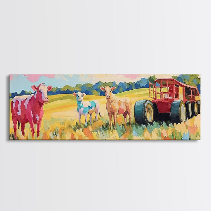 Cows And Sheep Beside Red Farm Wagon Canvas Print, Rustic Farmhouse Wall Art, Country Landscape, Nursery Animal Decor, Baby Shower Gift