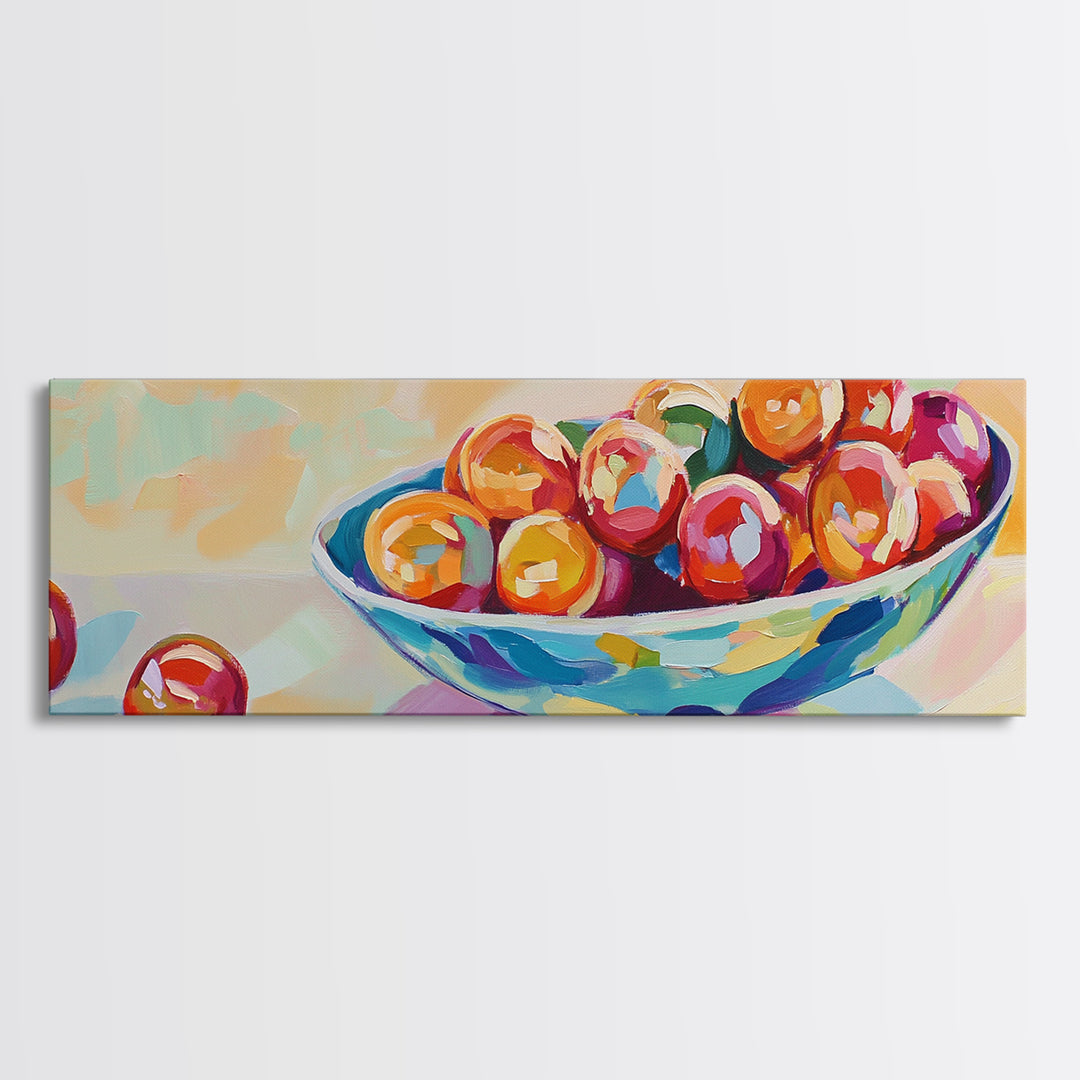 Glossy Cherries In Blue Bowl Canvas Print, Colorful Kitchen Wall Art, Fruit Still Life Painting, Dining Room Decor Gift Idea
