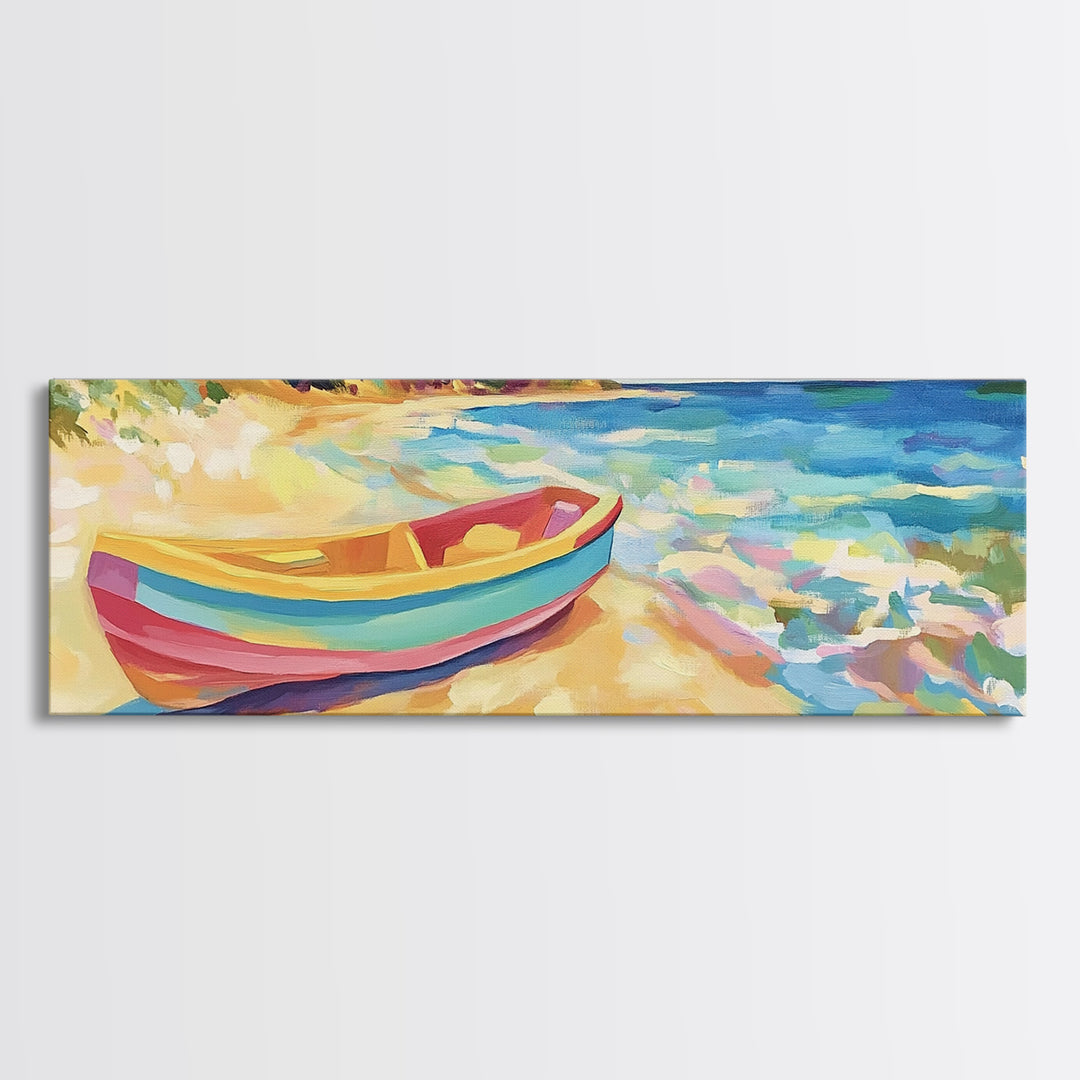 Striped Rowboat Beside Turquoise Waves Wall Art, Coastal Canvas Print, Seascape Painting, Beach House Decor, Ocean Wall Art