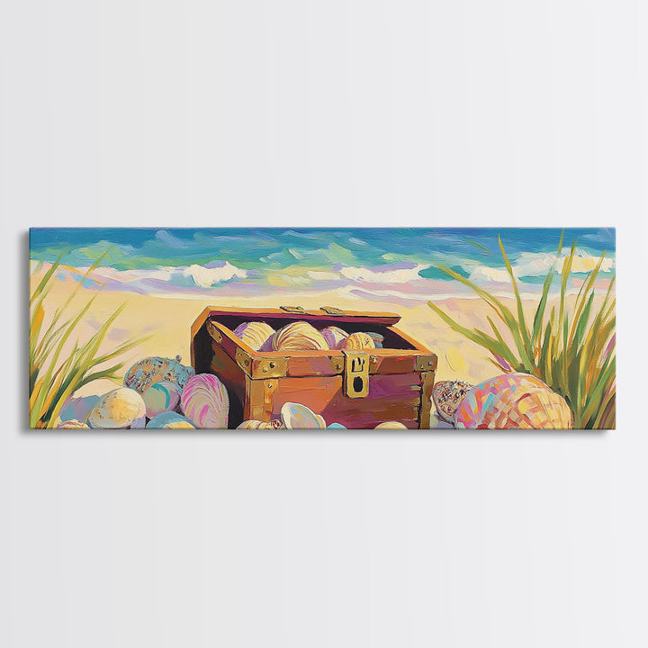 Beach Treasure Chest With Seashells Wall Art, Coastal Canvas Print, Ocean Decor, Beach House Decor, Summer Seascape Gift