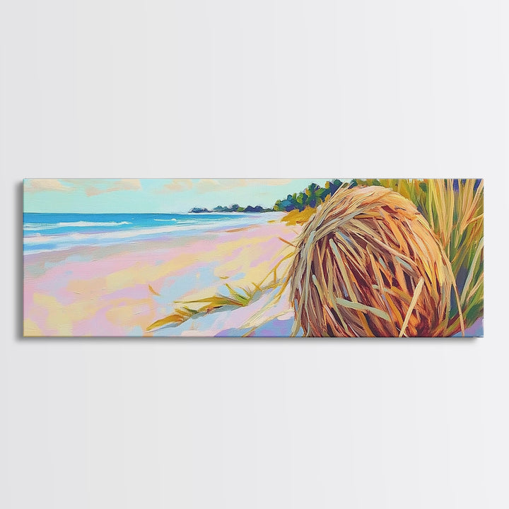 Pastel Beach Driftwood Grass Wall Art, Coastal Canvas Print, Ocean Landscape, Beach House Decor, Calming Seascape Home Gift