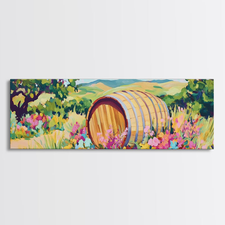 Wine Barrel In Wildflower Vineyard Wall Art, Framed Canvas Print, Winery Decor, Rustic Landscape Art, Housewarming Gift For Her