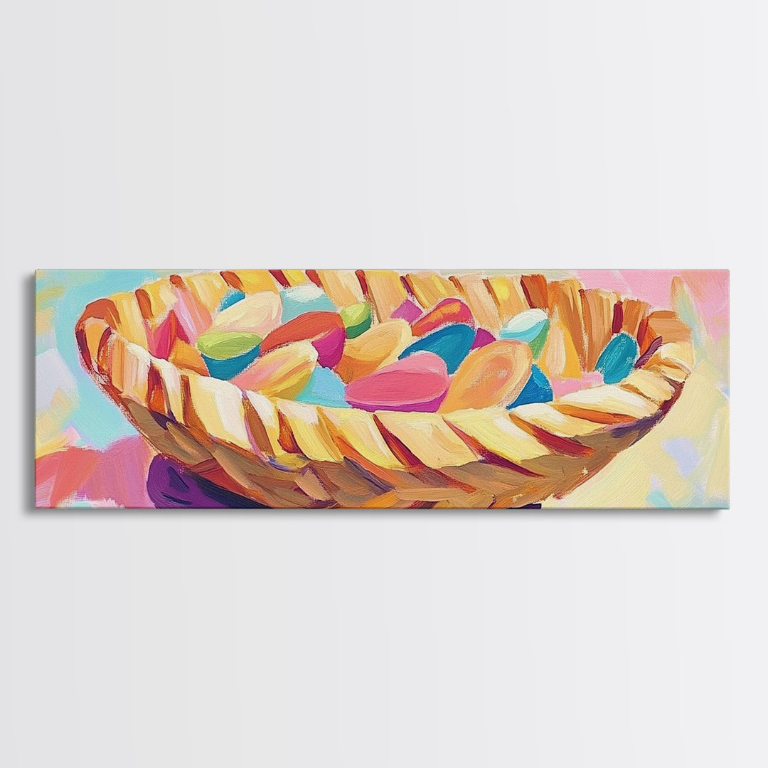 Woven Basket Of Colorful Candy Canvas Print, Whimsical Kitchen Wall Art, Dopamine Decor, Playful Dining Room Art Print Gift