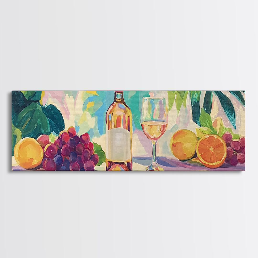 Wine Bottle With Citrus And Grapes Canvas Print, Colorful Kitchen Wall Art, Coastal Dining Room Decor, Wine Lover Gift Idea