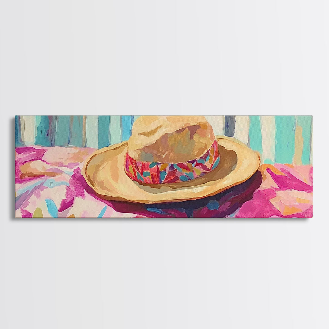Straw Hat On Floral Beach Towel Canvas Print, Coastal Wall Art, Summer Patio Decor, Beach House Gift For Her, Tropical Home Decor