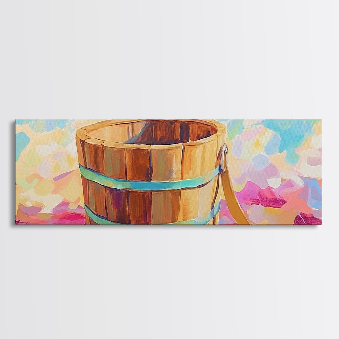 Wooden Beach Bucket On Pink Towel Canvas Print, Coastal Wall Art, Summer Bathroom Decor, Beach House Wall Decor Gift Idea