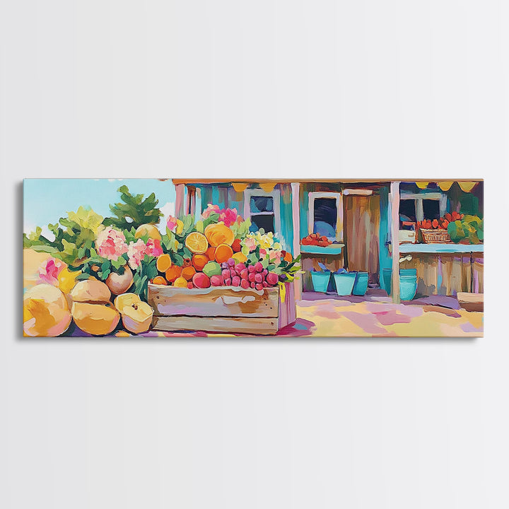Fruit Stand With Flowers And Citrus Canvas Print, Farmhouse Kitchen Wall Art, Country Home Decor, Farmers Market Gift Idea