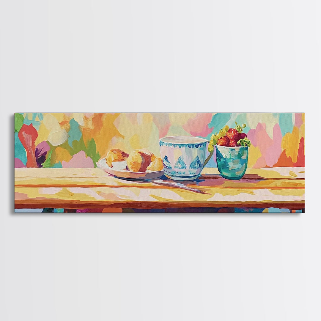 Colorful Breakfast Still Life With Blue Teacup And Berries Wall Art, Bright Kitchen Decor, Dining Room Print, Foodie Gift