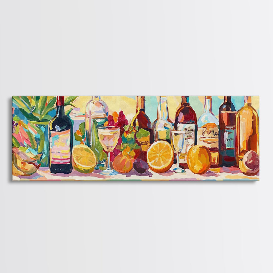 Colorful Wine Bottles And Citrus Still Life Canvas Print, Kitchen Wall Art, Dining Room Decor, Bar Cart Art, Wine Lover Gift
