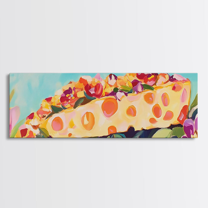 Whimsical Cheese Wedge Still Life Canvas Print, Kitchen Wall Art, Dining Room Decor, Foodie Gift, Colorful Kitchen Art Print