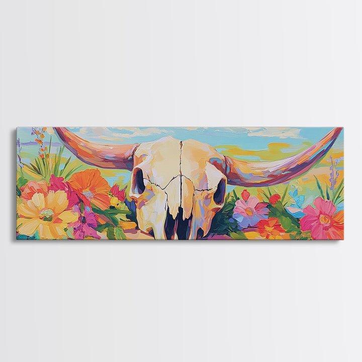 Floral Longhorn Skull Canvas Print, Western Wall Art, Desert Cowgirl Decor, Southwestern Home Decor, Housewarming Gift, Gift For Her