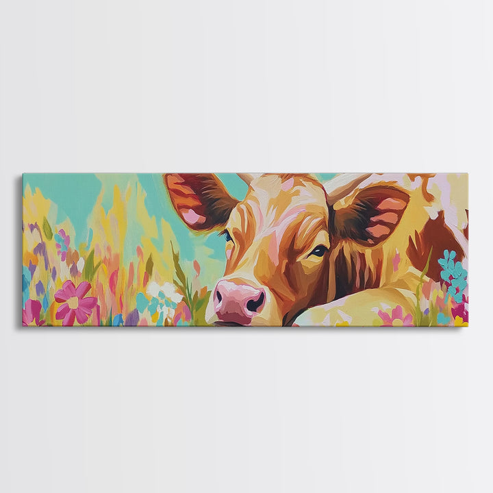 Sweet Calf In Wildflowers Canvas Print, Farm Animal Wall Art, Rustic Farmhouse Decor, Nursery Animal Art, Gift For Her, Kids Room Decor