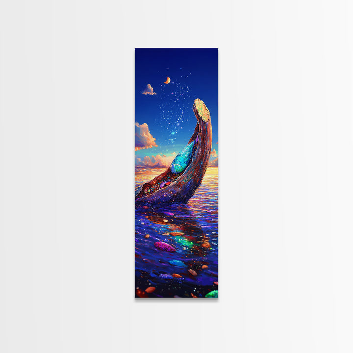 Moonlit Ocean Whale Canvas Print, Colorful Seascape Painting, Magical Coastal Wall Art, Beach House Decor, Fantasy Gift Idea