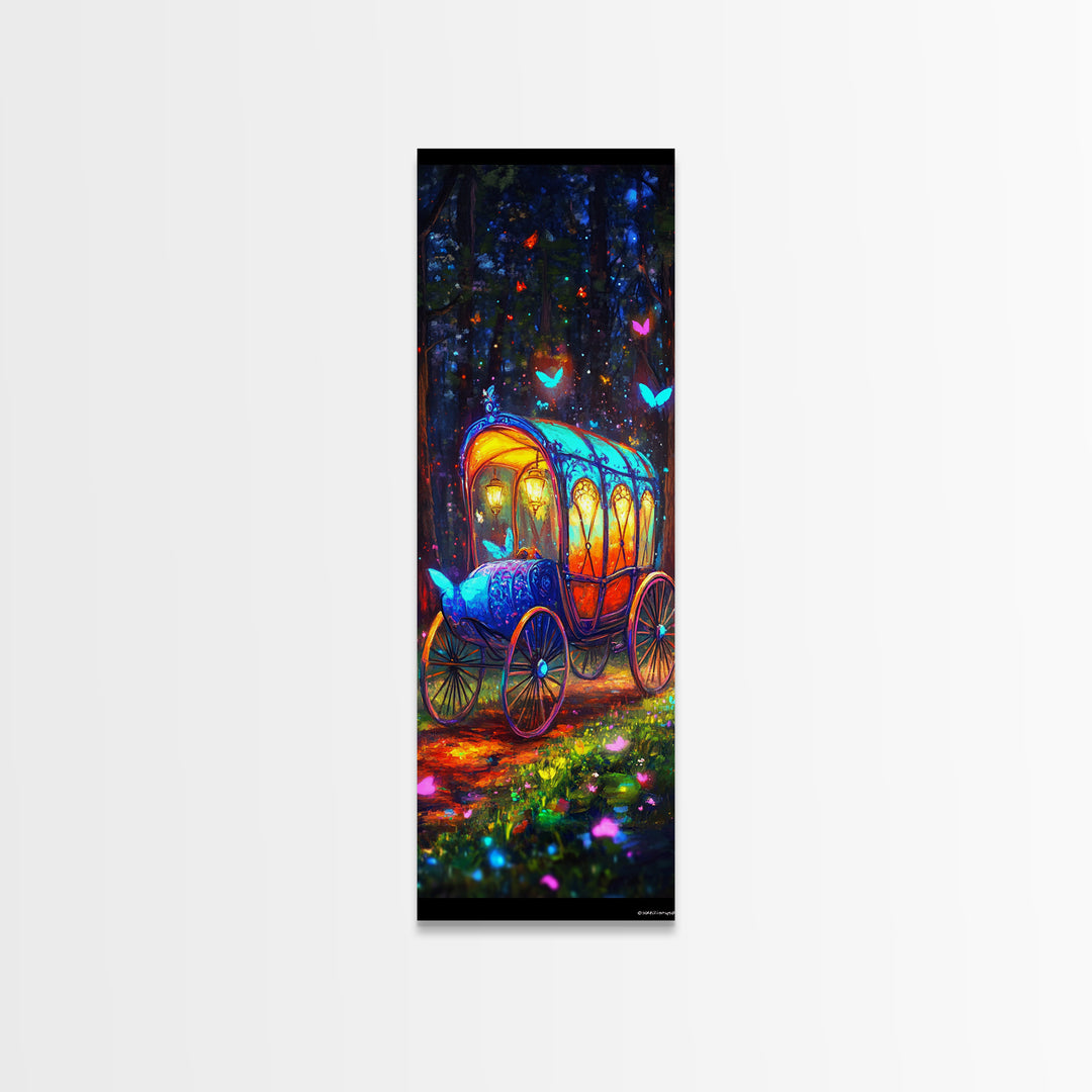Glowing Fairy Tale Carriage In Forest Wall Art, Whimsical Fantasy Art Print, Nursery Decor, Magical Woodland Decor, Kids Room Art