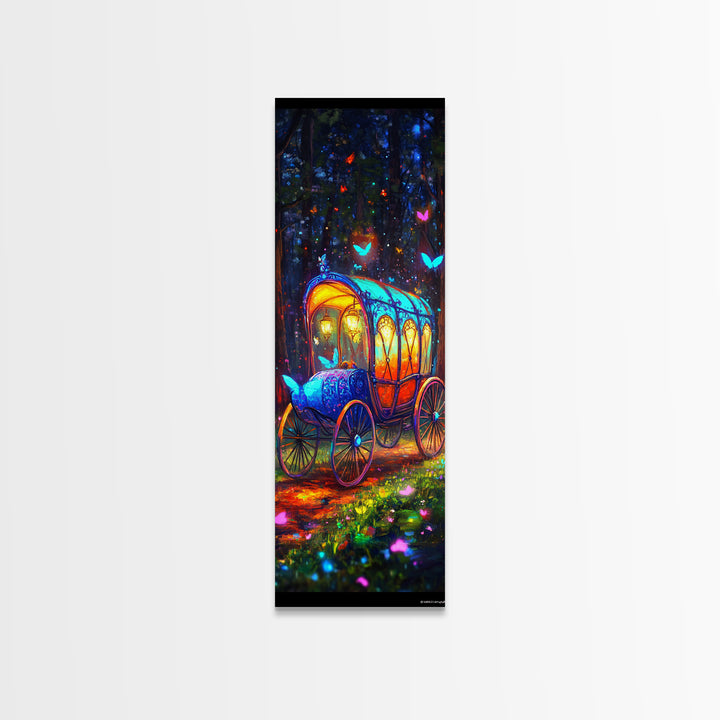 Glowing Fairy Tale Carriage In Forest Wall Art, Whimsical Fantasy Art Print, Nursery Decor, Magical Woodland Decor, Kids Room Art