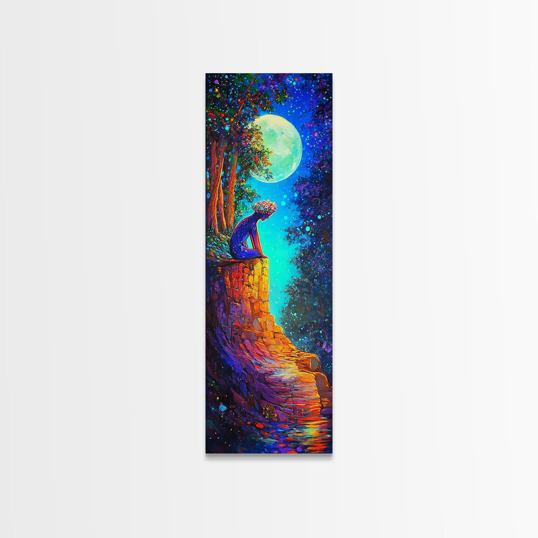 Moonlit Black Cat On Stone Wall Canvas Print, Whimsical Fantasy Wall Art, Celestial Decor, Cat Lover Gift, Nursery Art Print