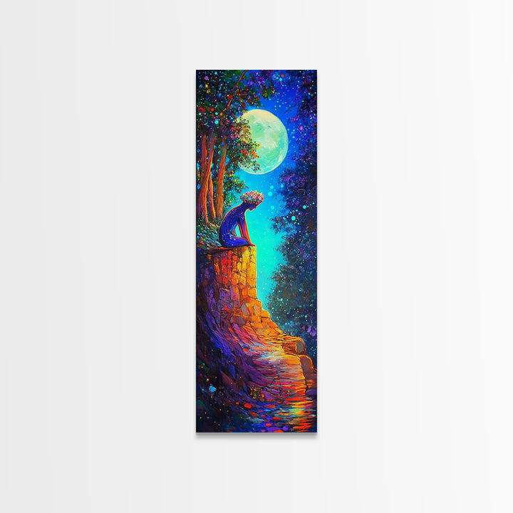 Moonlit Black Cat On Stone Wall Canvas Print, Whimsical Fantasy Wall Art, Celestial Decor, Cat Lover Gift, Nursery Art Print