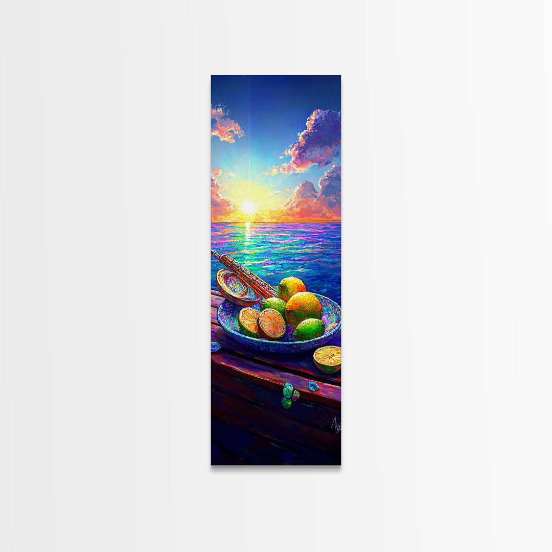 Ocean Sunset With Limes And Oar Framed Canvas Print, Coastal Kitchen Wall Art, Beach House Decor, Vibrant Seascape Art Print