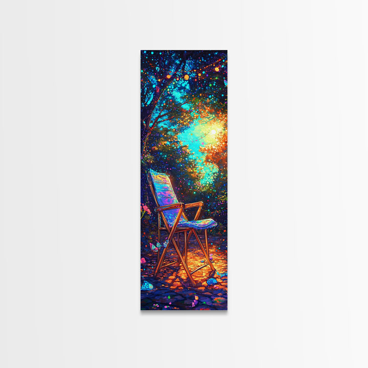Empty Chair In Glowing Forest Wall Art, Magical Nature Canvas Print, Whimsical Garden Decor, Cozy Outdoor Patio Art Print
