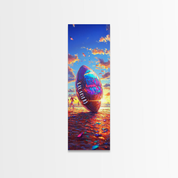 Giant Football At Sunset Beach Canvas Print, Sports Wall Art, Boys Room Decor, Game Room Art, Gift For Him, Sports Gift For Dad