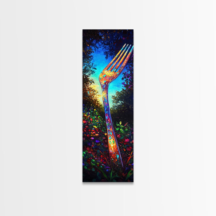 Giant Rainbow Fork In Garden Wall Art, Surreal Kitchen Canvas Print, Whimsical Food Decor, Funky Dining Room Art Print Gift
