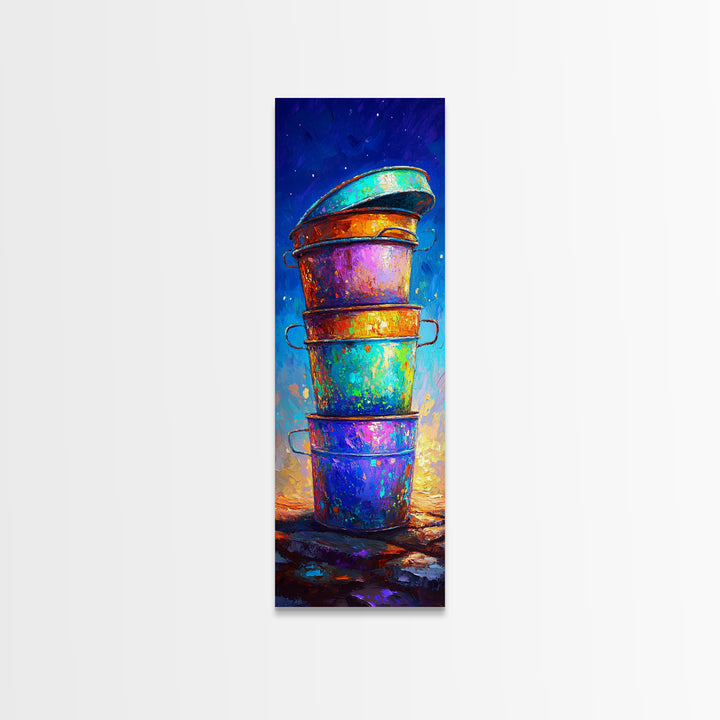 Stacked Rainbow Metal Buckets Framed Canvas Print, Rustic Farmhouse Wall Art, Colorful Laundry Room Decor, Unique Art Gift