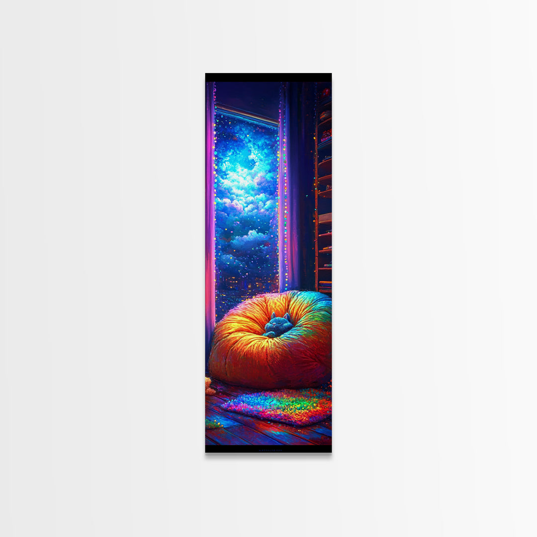 Cozy Rainbow Bean Bag By Starry Window Wall Art, Whimsical Bedroom Canvas Print, Galaxy Room Decor, Dreamy Art Gift For Her