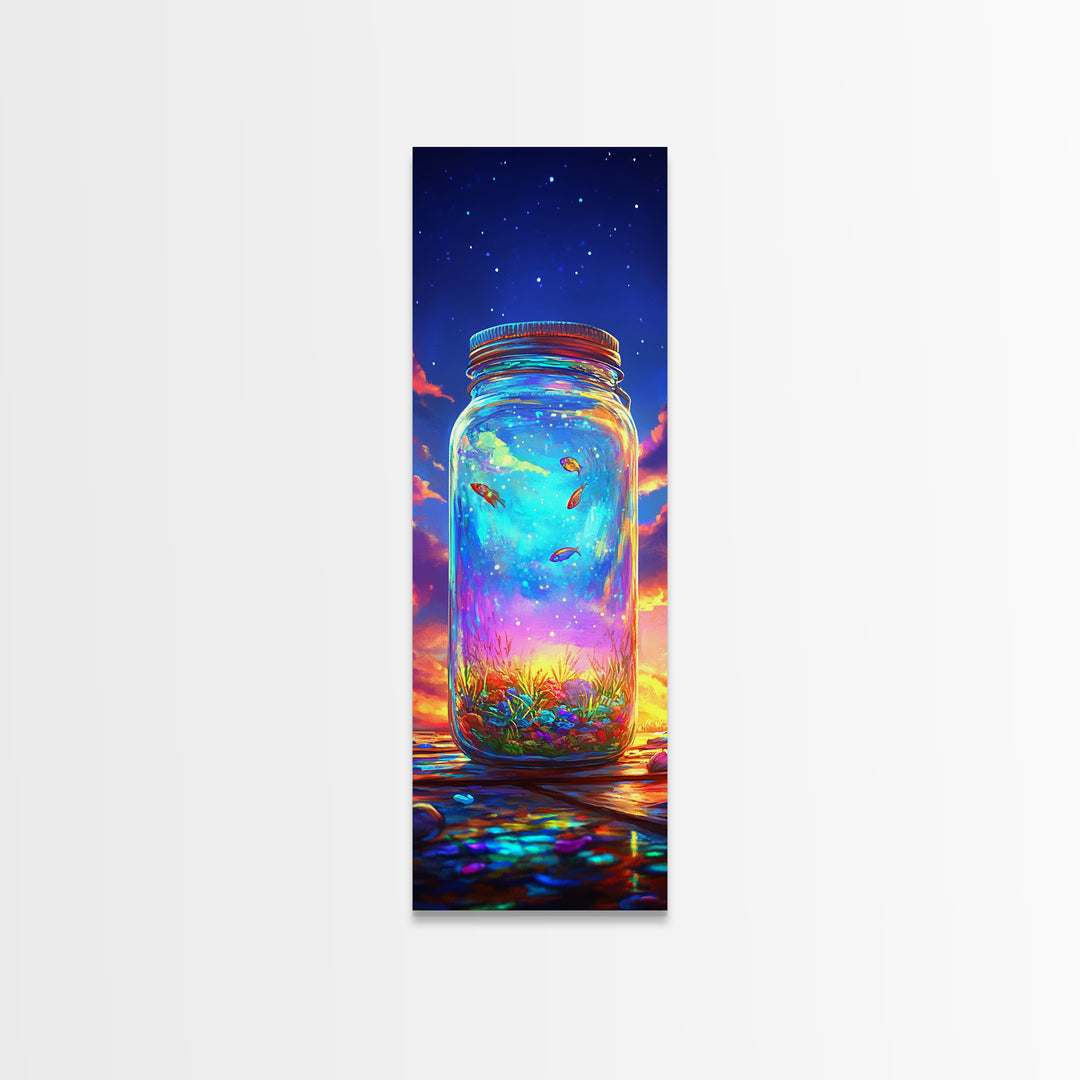 Glowing Mason Jar With Tiny Fish At Sunset Canvas Print, Magical Celestial Wall Art, Colorful Nature Decor, Unique Art Gift