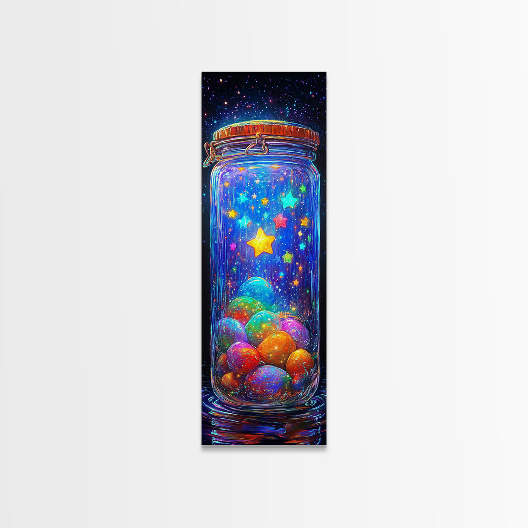 Glowing Star Jar With Tiny Planets Wall Art, Whimsical Celestial Canvas, Colorful Nursery Decor, Space Lover Gift Print Poster