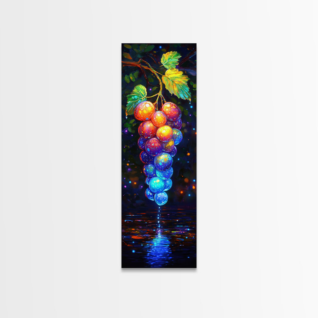 Glowing Grapes Reflecting On Water Framed Canvas Print, Vineyard Wall Art, Colorful Kitchen Decor, Fruit Art Poster Gift