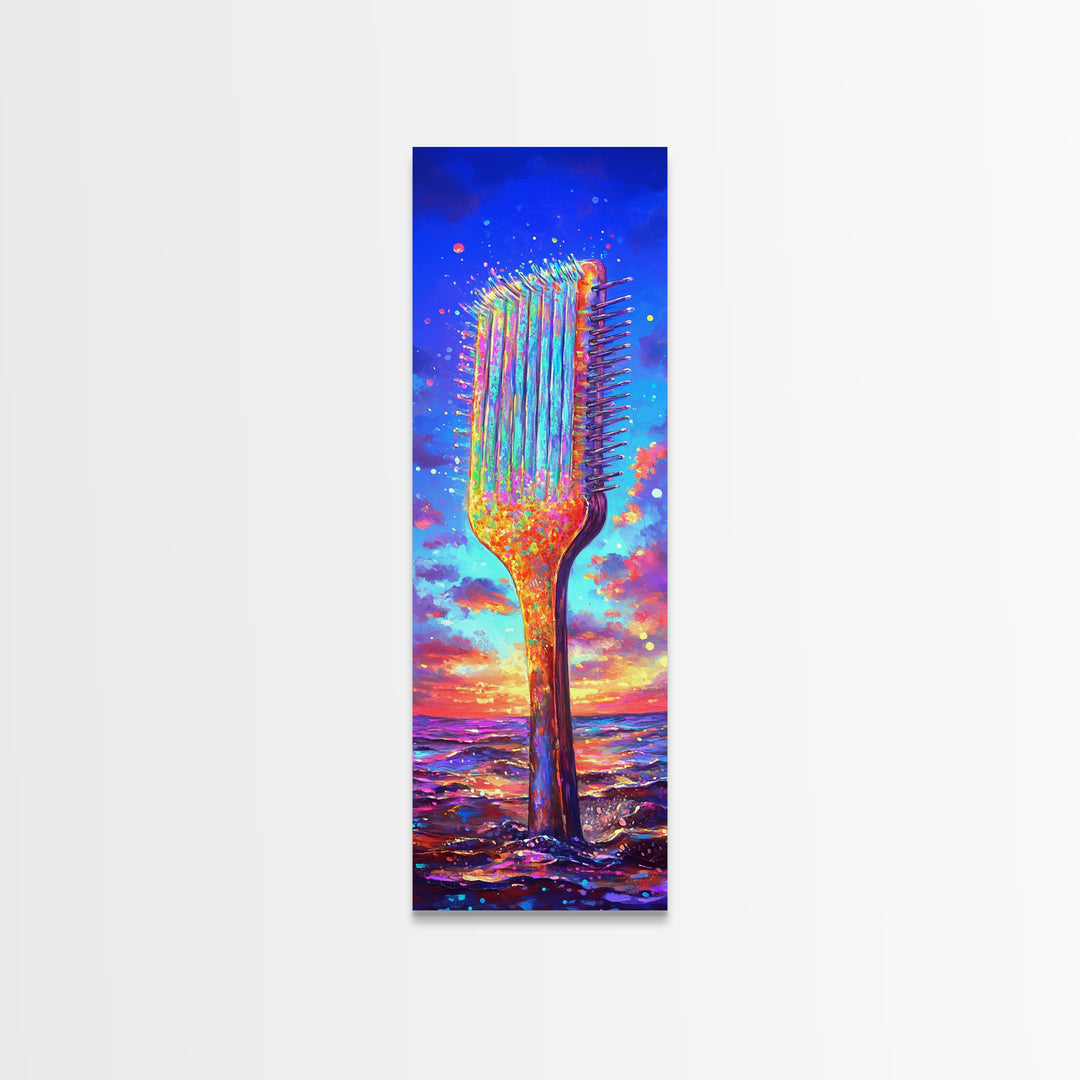 Giant Rainbow Hair Comb At Ocean Sunset Canvas Print, Salon Wall Art, Beauty Salon Decor, Colorful Coastal Gift Print Poster