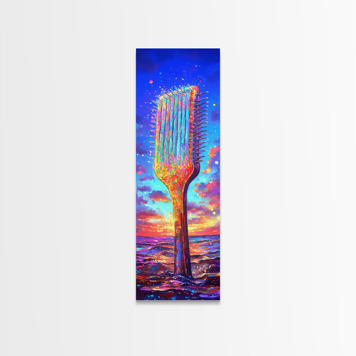 Giant Rainbow Hair Comb At Ocean Sunset Canvas Print, Salon Wall Art, Beauty Salon Decor, Colorful Coastal Gift Print Poster