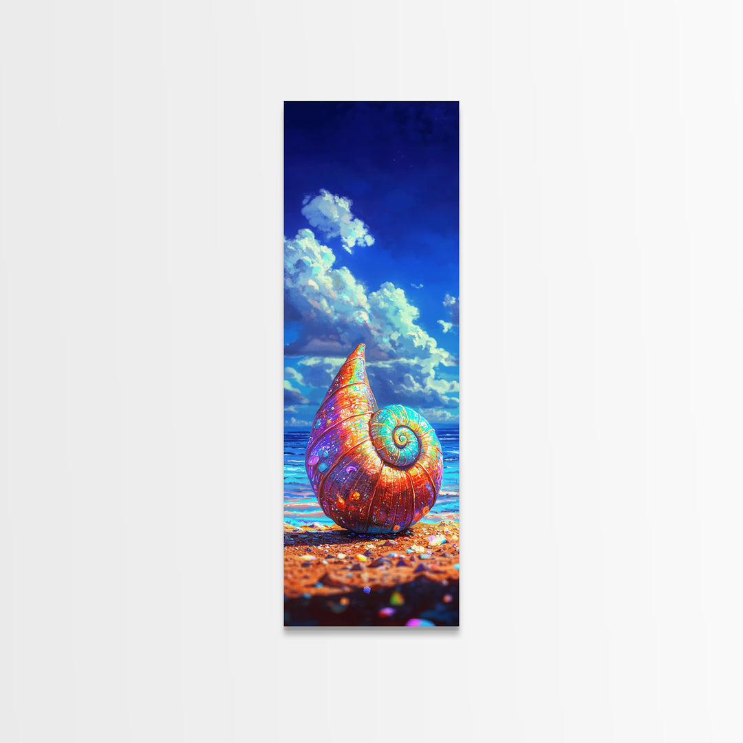 Rainbow Nautilus Shell On Sunny Beach Canvas Print, Coastal Wall Art, Ocean Decor, Seashell Art Print, Beach House Gift Idea