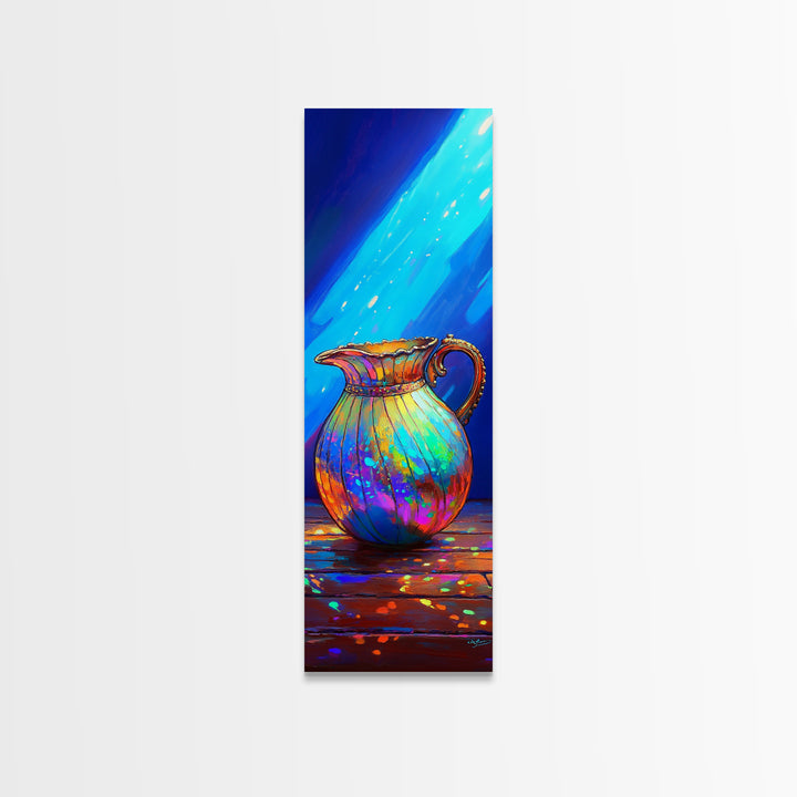 Iridescent Rainbow Pitcher In Blue Light Framed Canvas Print, Colorful Kitchen Wall Art, Modern Eclectic Home Decor Gift