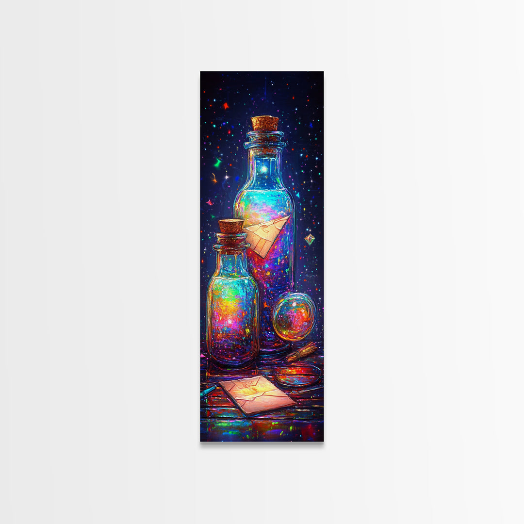 Glowing Message Bottles With Paper Boats Canvas Print, Celestial Wall Art, Fantasy Decor, Magical Art Print, Unique Gift