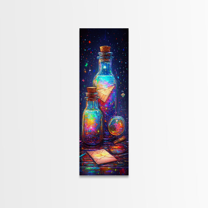 Glowing Message Bottles With Paper Boats Canvas Print, Celestial Wall Art, Fantasy Decor, Magical Art Print, Unique Gift
