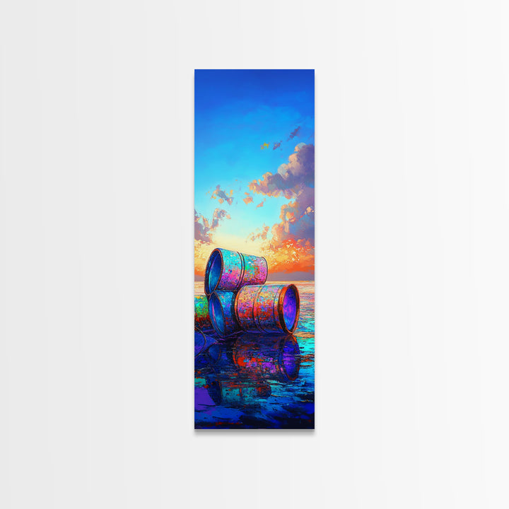 Colorful Beach Barrels Framed Canvas Print, Coastal Wall Art, Ocean Sunset Painting, Nautical Home Decor, Beach House Gift